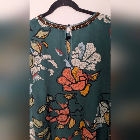 Maeve Anthropologie Mini Dress Green Peonies 3/4 Sleeve Small Beaded Neck Sz PS - Picture 8 of 14